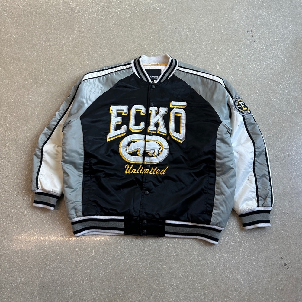 ECKO Unlimited Mens XL Black Grey White Varsity Bomber Jacket